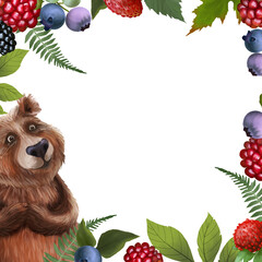 Wall Mural - Woodland frame with forest creatures. Cute cartoon bear with juicy colorful berries, raspberries, blueberries, strawberries and greens fern leaves. Botanical border template on transparent background