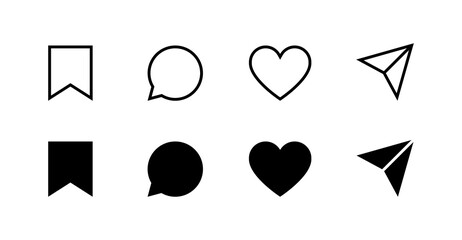 share, save, like and comment icon set.