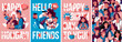 A collection of festive posters with people. Posters for greetings, social networks, printing.