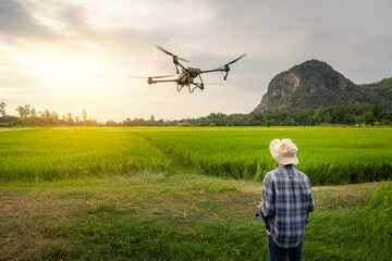 Agricultural specialist controls agriculture drone with remote controller for spraying fertilizer and pesticide at rice field. Agriculture 5g, Smart farming, Smart technology concept.