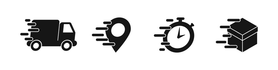 express delivery, fast delivery icon set. truck, map pin, stopwatch and box icon. vector eps 10