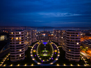 Wall Mural - Aerial view of modern residential complex in Varna city at night. Night urban landscape.