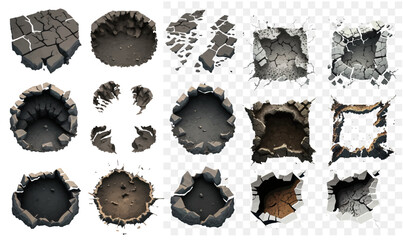 Poster - Ground cracks top view isolated on transparent background. Big dark cracked. Vector illustration