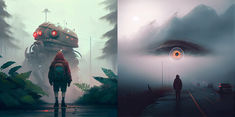 Wall Mural - Mystical foggy illustration of strange world with character, robots and demons art, collection