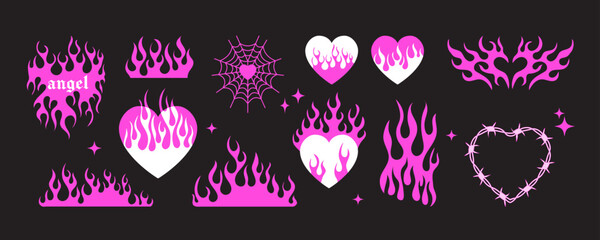 Wall Mural - y2k gothic flame tattoo stickers. Retro psychedelic love art. Vector illustration of hand drawn elements, barbed wire, fire, butterfly, heart. Aesthetic nostalgic 2000s goth girly icons.