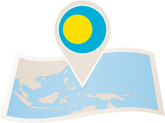 Wall Mural - Folded paper map of Palau with flag pin of Palau.