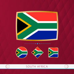 Wall Mural - Set of South Africa flags with gold frame for use at sporting events on a burgundy abstract background.