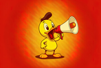 Yellow backdrop with a cute yellow cartoon duck person mascot holding a red vintage megaphone. Generative AI