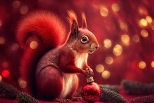 Illustration Of A Squirrel On A Red Christmas Backdrop. Generative AI