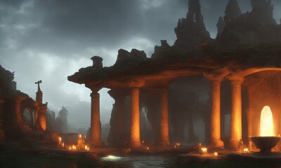  Magical mystical ancient fountain with gloomy and foggy atmosphere