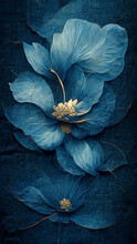 Blue And Gold Flowers On Dark Background, Watercolour Painting Created With Generative AI Technology.