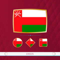 Wall Mural - Set of Oman flags with gold frame for use at sporting events on a burgundy abstract background.