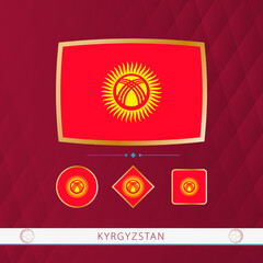 Wall Mural - Set of Kyrgyzstan flags with gold frame for use at sporting events on a burgundy abstract background.