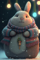 Wall Mural - cute little rabbit celebrates christmas and new year in winter forest