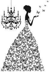 Beautiful woman with flying butterflies and antique chandelier, black and white illustration over a transparent background, PNG image