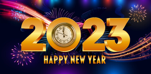 happy new year 2023. Happy New Year 2023. Golden 3D numbers with ribbons and confetti , isolated on transparent background.