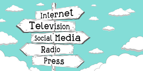 Wall Mural - Internet, television, social media, radio, press - outline signpost with five arrows
