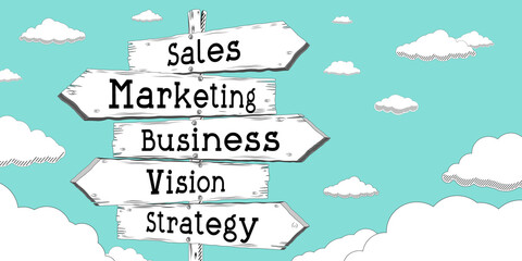 Sticker - Sales, marketing, business, vision, strategy - outline signpost with five arrows