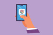 © onetime - Graphic flat design drawing hands holding smartphone with shopping cart image inside and touching screen. Digital technology lifestyle. Internet and gadgets concept. Cartoon style vector illustration