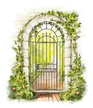Watercolor Stone Arch With Vintage Forged Gates In Blooming Summer Garden Isolated On White Background. Hand Drawn Illustration Sketch