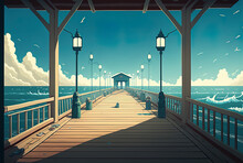 View Of A Pier Extending To The Ocean Vertically In A Skylit Environment. Generative AI