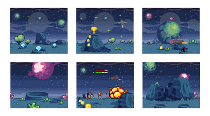 Wall Mural - Cosmic scenes set in pixel art. Pixelated location for game or application. Background of space and spaceship. Fantastic landscape with planet, UFO and stars. 8 bit video game. Galactic videogame area