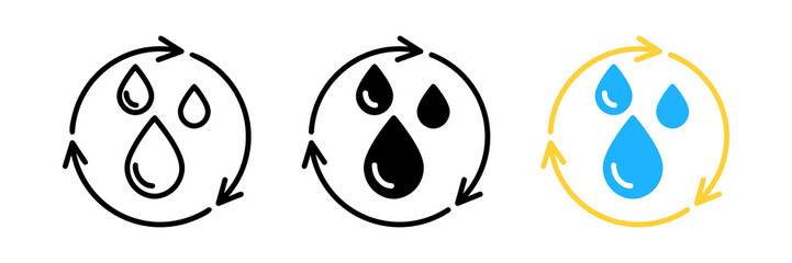 Recycle water icon. Water drop with 2 sync arrows. Single black round liquid recycle icon. Planet bio protection circle flat design eps 10