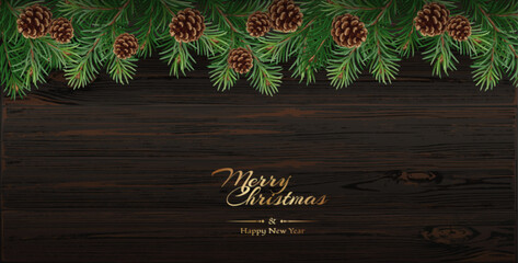 Wall Mural - Vector Christmas frame with tree branches on wood background. Christmas decoration concept	
