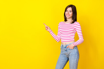 Wall Mural - photo portrait of pretty young lady finger direct empty space useful news dressed stylish striped lo