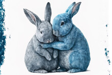 Two Adorable Blue Easter Rabbits Cuddling Each Other In A Watercolor Drawing. Hares Adore One Another, A Painting For Young People. Alone Against A White Backdrop. Manually Created. Generative AI