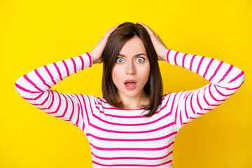 Wall Mural - closeup photo of young cute attractive lady hands hold head shock how that happened isolated on yell