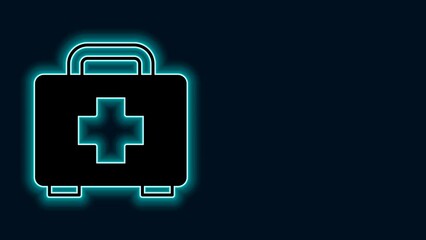 Poster - Glowing neon line First aid kit icon isolated on black background. Medical box with cross. Medical equipment for emergency. Healthcare concept. 4K Video motion graphic animation