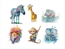 Safari Animal Set Zebra, Giraffe, Hippopotamus, Lion Monkey And Elephant In Watercolor Style. Isolated Vector Illustration