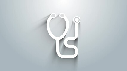 Sticker - White Stethoscope medical instrument icon isolated on grey background. 4K Video motion graphic animation