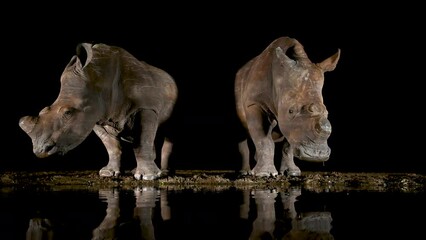 Poster - Rhinos visiting a water hole in South Africa at night