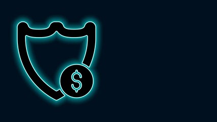 Poster - Glowing neon line Shield with dollar symbol icon isolated on black background. Security shield protection. Money security concept. 4K Video motion graphic animation