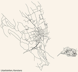 Wall Mural -  Detailed navigation black lines urban street roads map of the LITZELSTETTEN QUARTER of the German town of KONSTANZ, Germany on vintage beige background