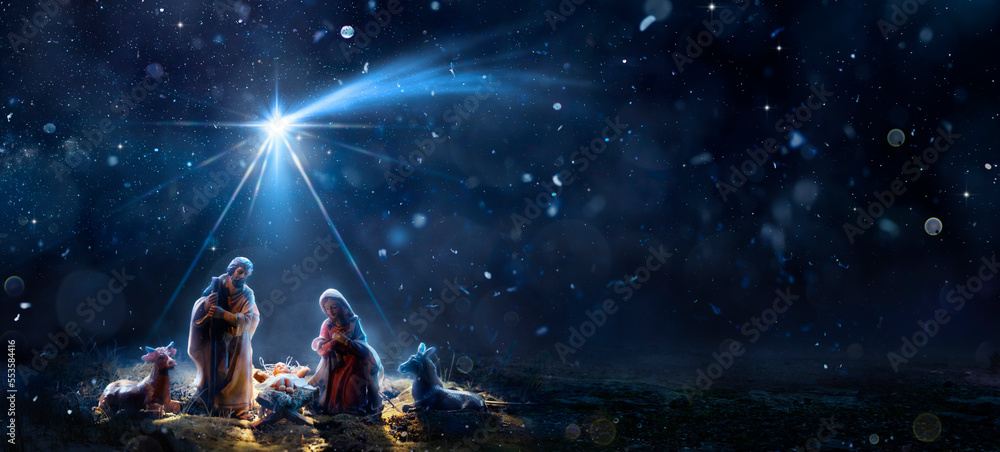 Nativity Of Jesus With Comet Star - Scene With The Holy Family In Snowy ...