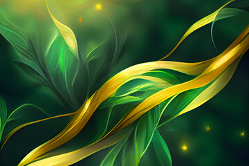 Green and gold abstract background. Fantasy green and gold texture. Magical background. Abstract floral texture. Generative AI.