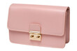 Small pink handbag in hand, clutch with a gold buckle, on a white background, isolate