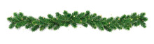 Christmas Tree Garland Isolated On White. Realistic Pine Tree Branches With Golden Confetti Decoration.