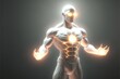 A male being made of light in  hero pose. Glowing translucent muscular body filled with light.