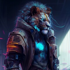 A cyborg lion standing in futuristic city digital art