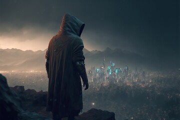 Dark hooded figure stands on hill overlooking dystopic city in the future