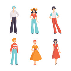 Wall Mural - Man and Woman Character Wearing Vintage Clothing from 70s Vector Set