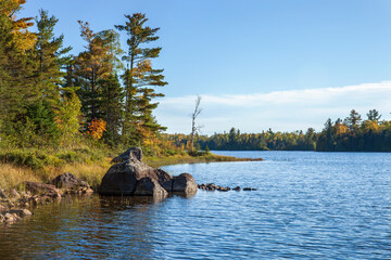 Wall Mural - northern minneosta lakeshore with trees and rocks during autumn