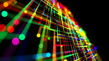 Wall Mural - 3d render. sci-fi bg of glow multicolor particles form lines like electrical circuit or microcircuit