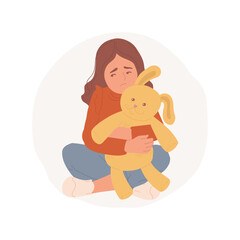 Wall Mural - Loneliness isolated cartoon vector illustration. Sad kid holds stuffed animal, suffering from loneliness, negative emotional state, lack of social communication vector cartoon.