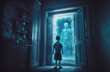 © LeArchitecto - Young boy looking at blue levitating ghost at doorway in the haunted house. Postproducted generative AI digital illustration.