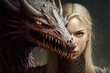 Beautiful woman with blond hair and her dragon pet, fantasy creature, Generative Ai, Generative, AI, Not a real person